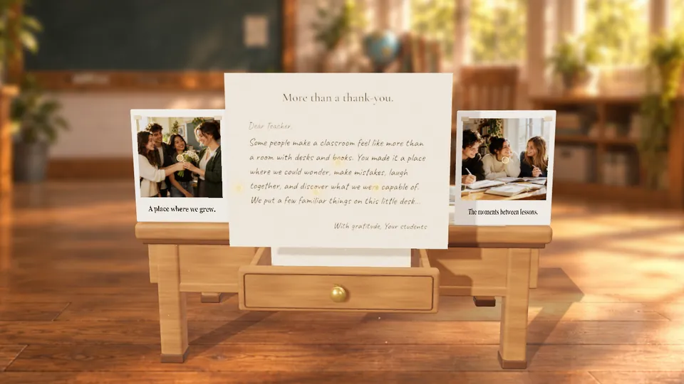Leave thoughtful notes among familiar desk objects, with class photos and your letter.