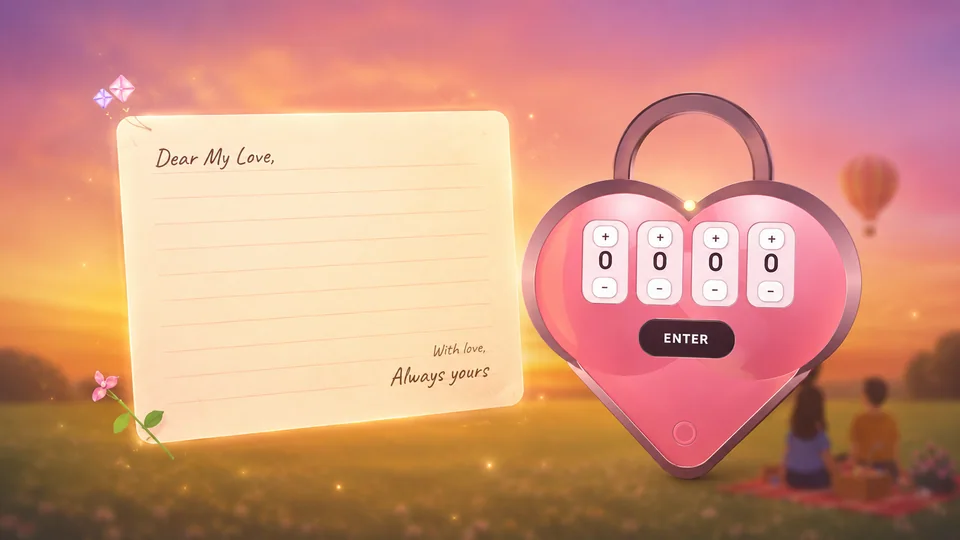 Love Letter preview with a letter on the left and a pink heart PIN lock on the right